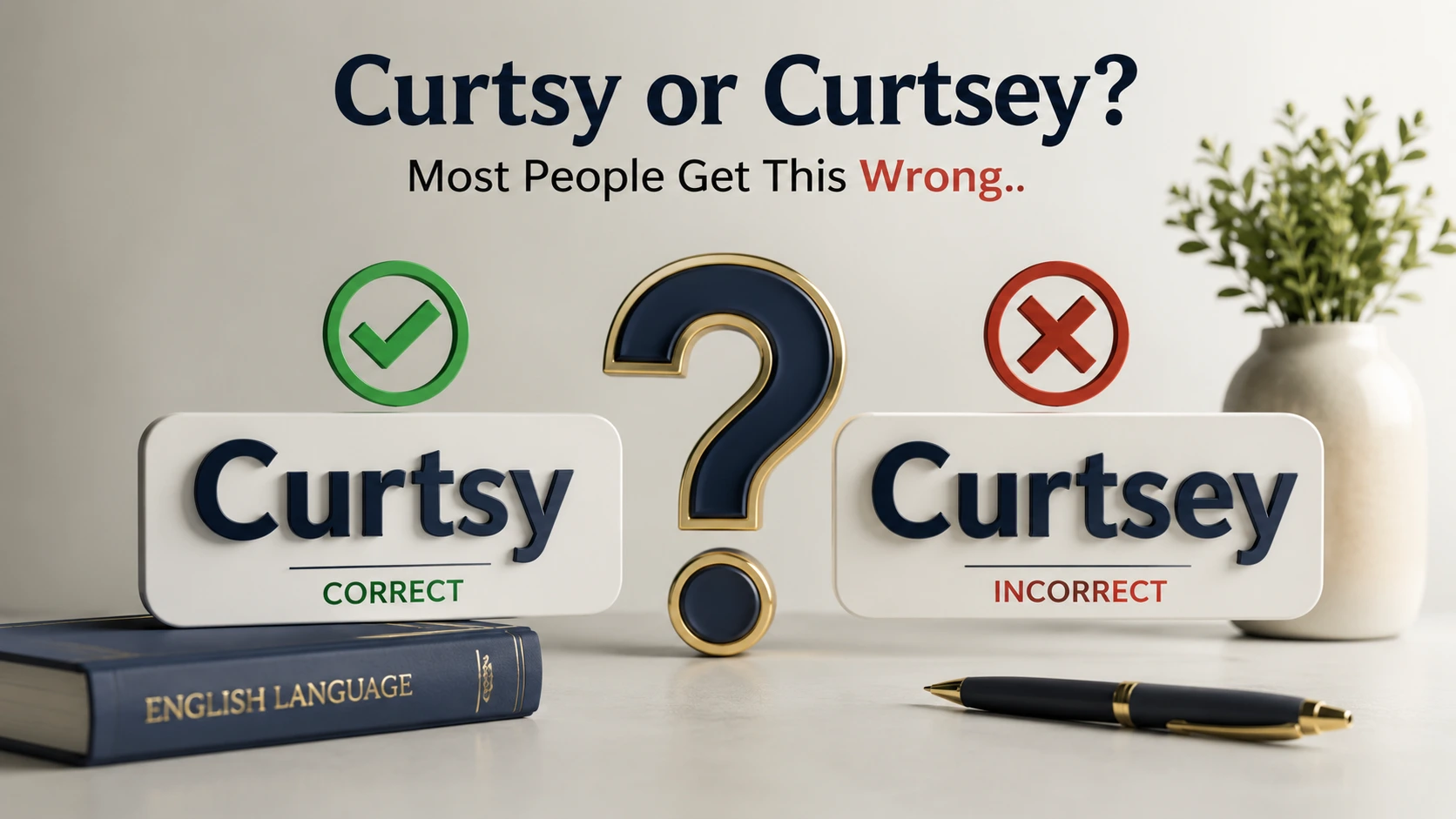 3D featured image comparing “Curtsy” and “Curtsey” with elegant typography and a graceful bow illustration, highlighting the common English spelling confusion in a clean educational design.