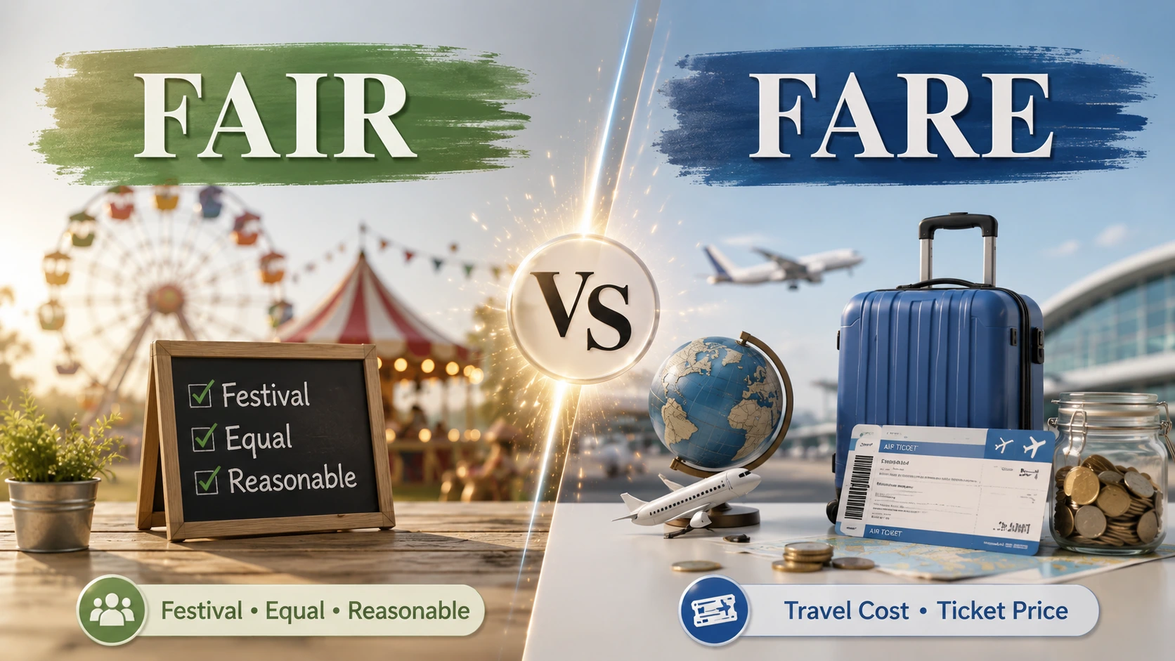 Fair or fare spelling guide featuring side-by-side examples to explain when to use each word correctly in everyday English.