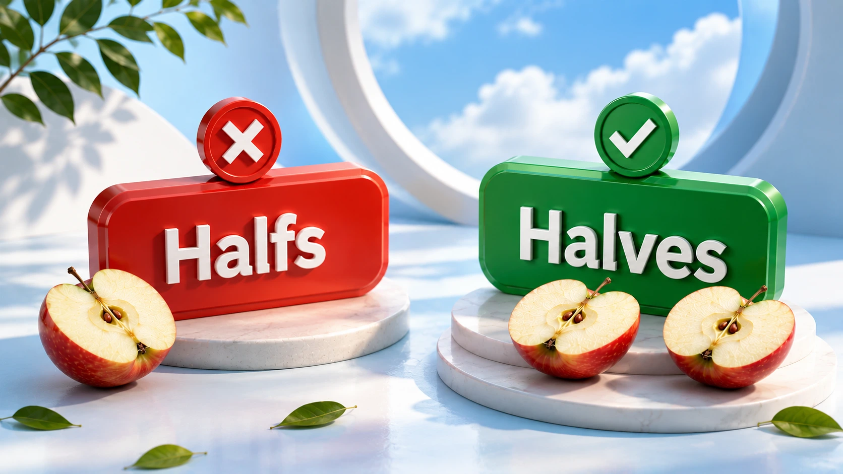 Halfs or Halves comparison showing the correct plural spelling of "half" with simple English grammar examples.
