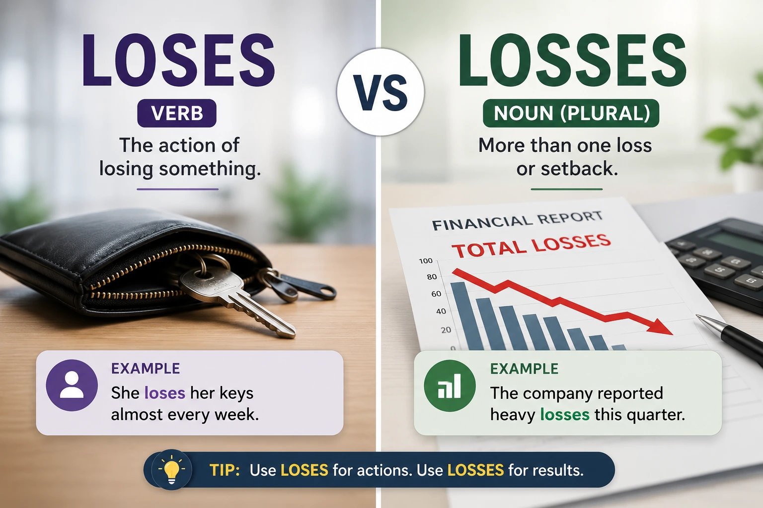Loses or losses feature image showing the correct grammar and word usage