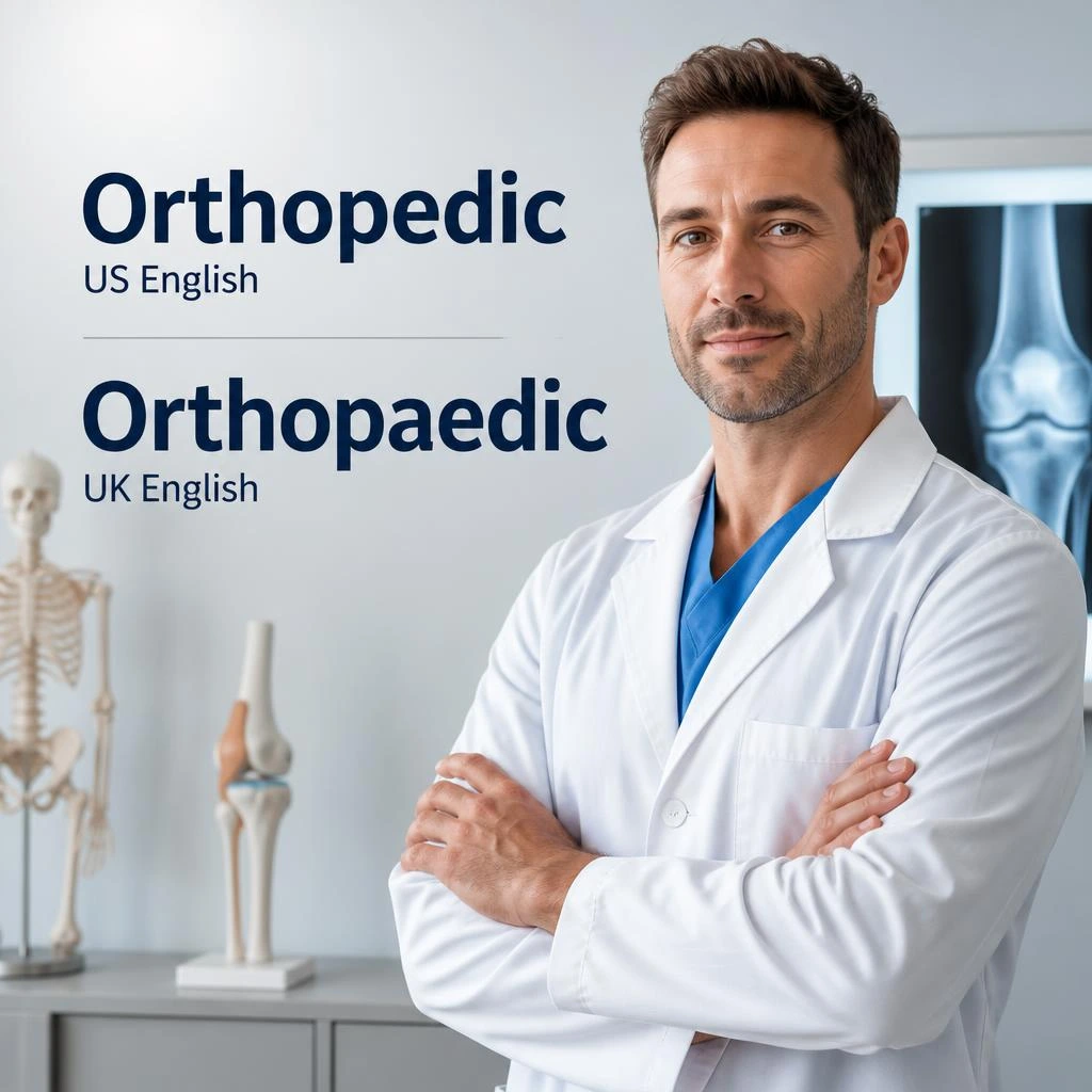 Orthopedic vs Orthopaedic featured image showing a doctor in a modern medical clinic with the words “Orthopedic” (US English) and “Orthopaedic” (UK English) displayed in a clean educational design.