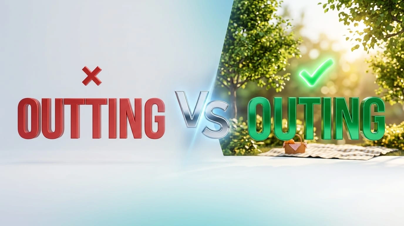 Outting or Outing comparison image explaining the correct spelling, meaning, and usage of outing in English.