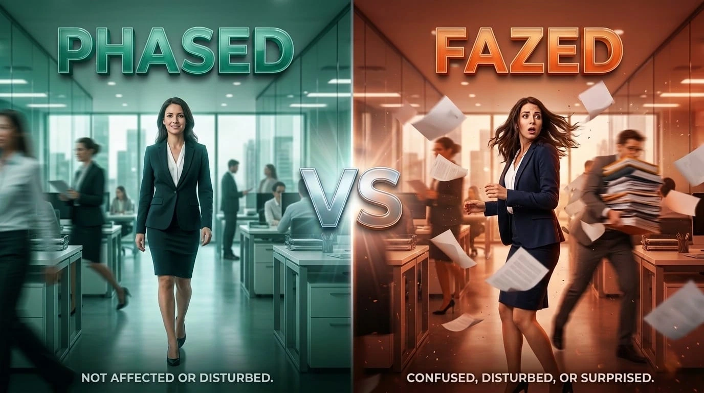 Phased or Fazed comparison explaining the difference in meaning, usage, and correct word choice in English