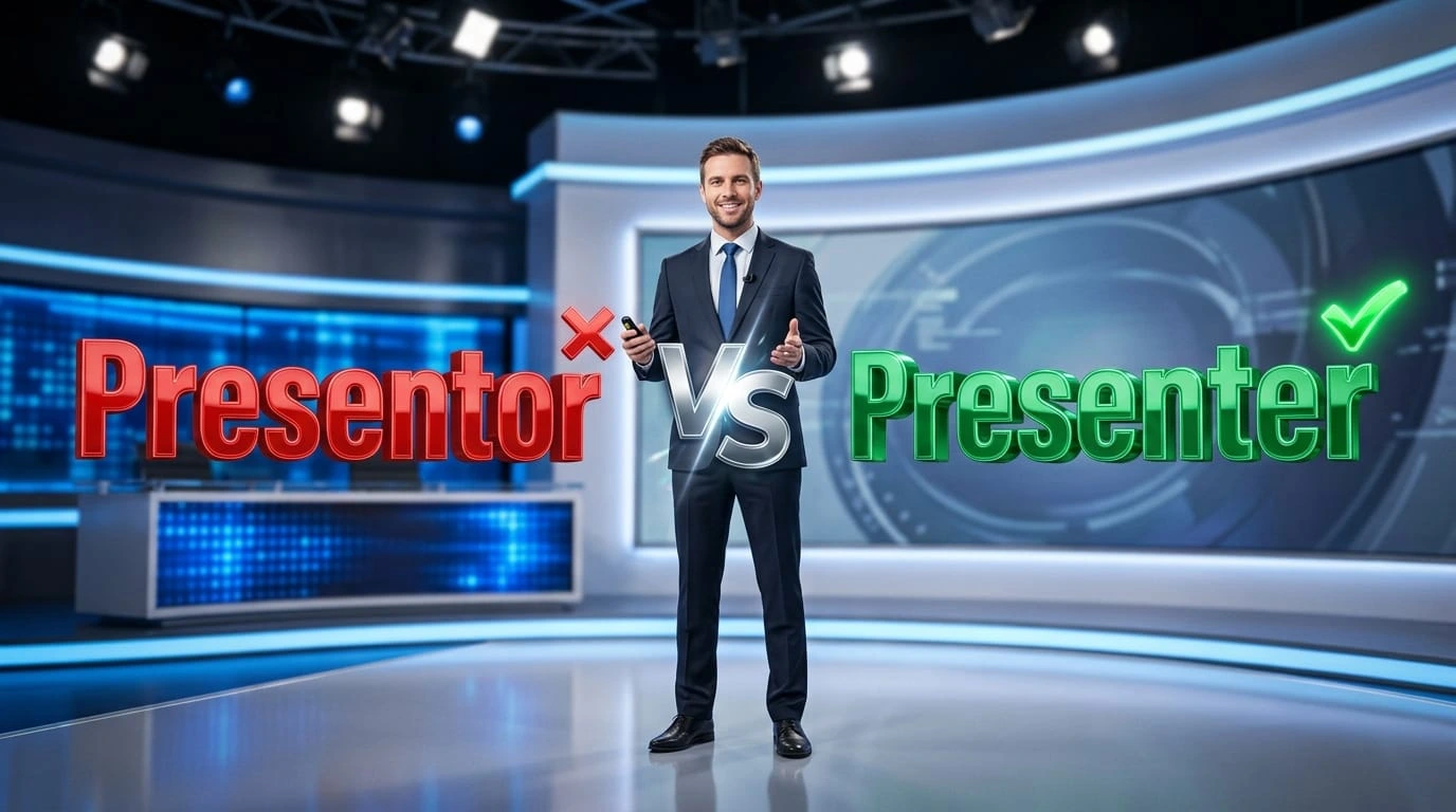 Presenter vs presentor spelling comparison with correct and incorrect labels.