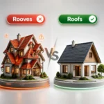 Rooves or Roofs comparison showing the correct plural spelling of roof with illustrated house roofs