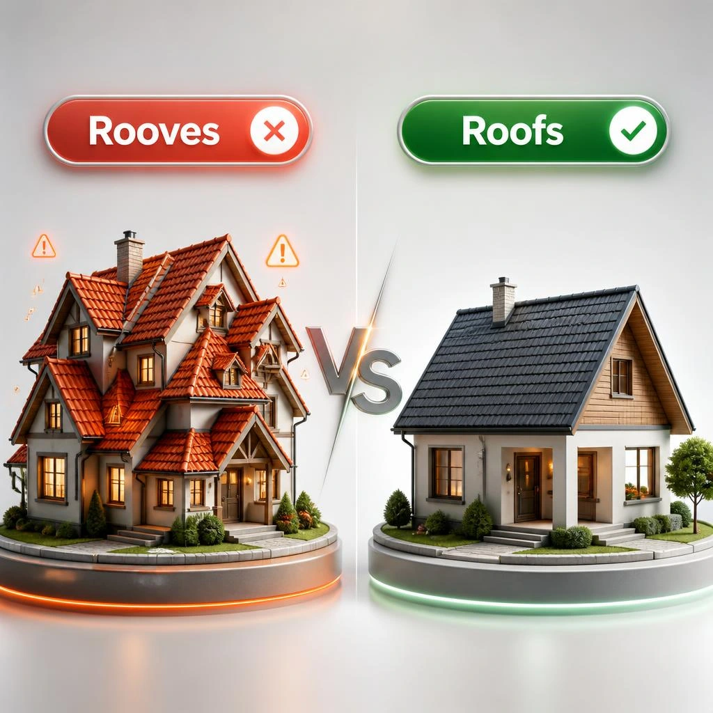 Rooves or Roofs comparison showing the correct plural spelling of roof with illustrated house roofs