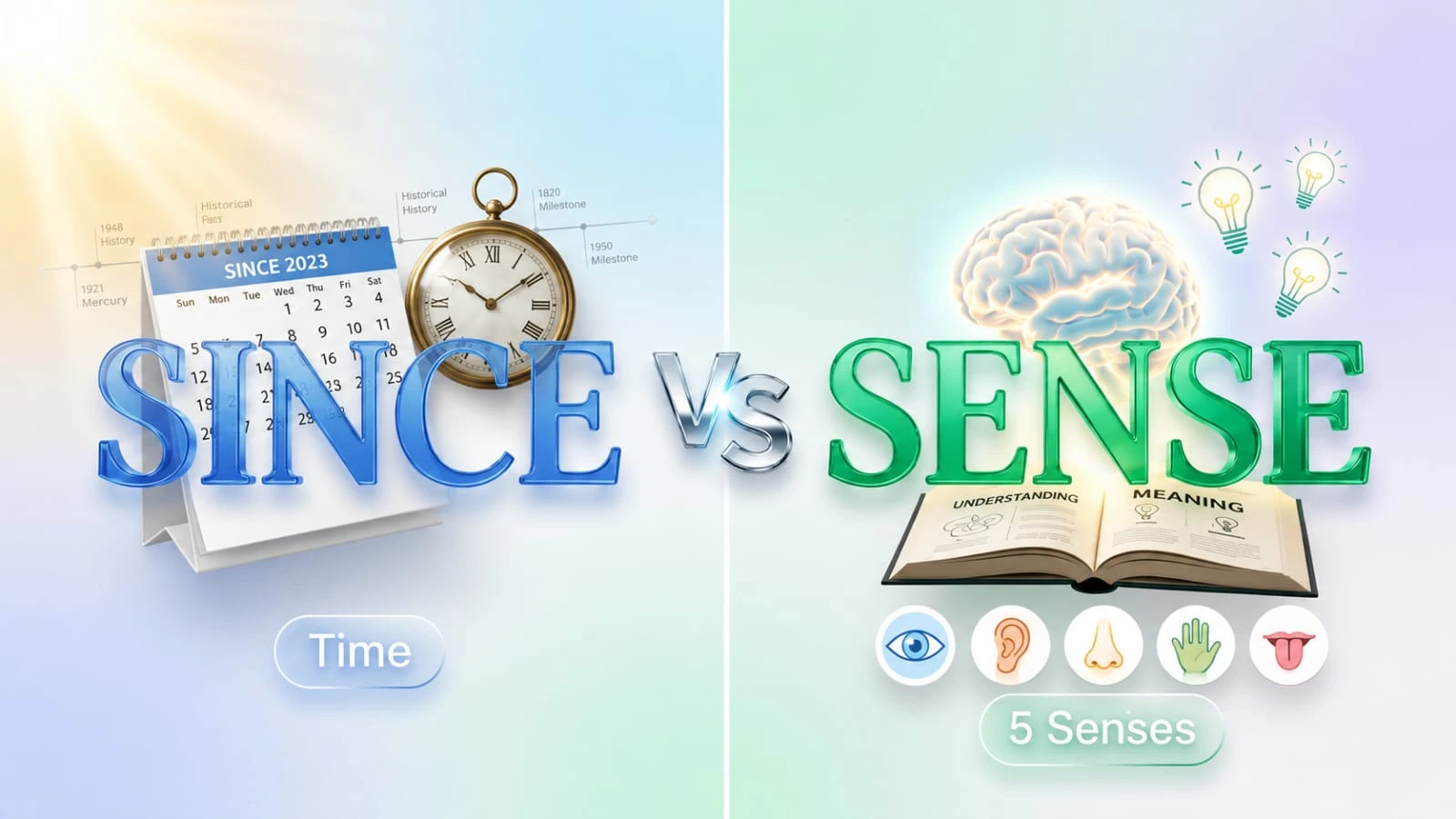Since or Sense comparison image explaining the difference, meaning, pronunciation, and correct usage of both English words.