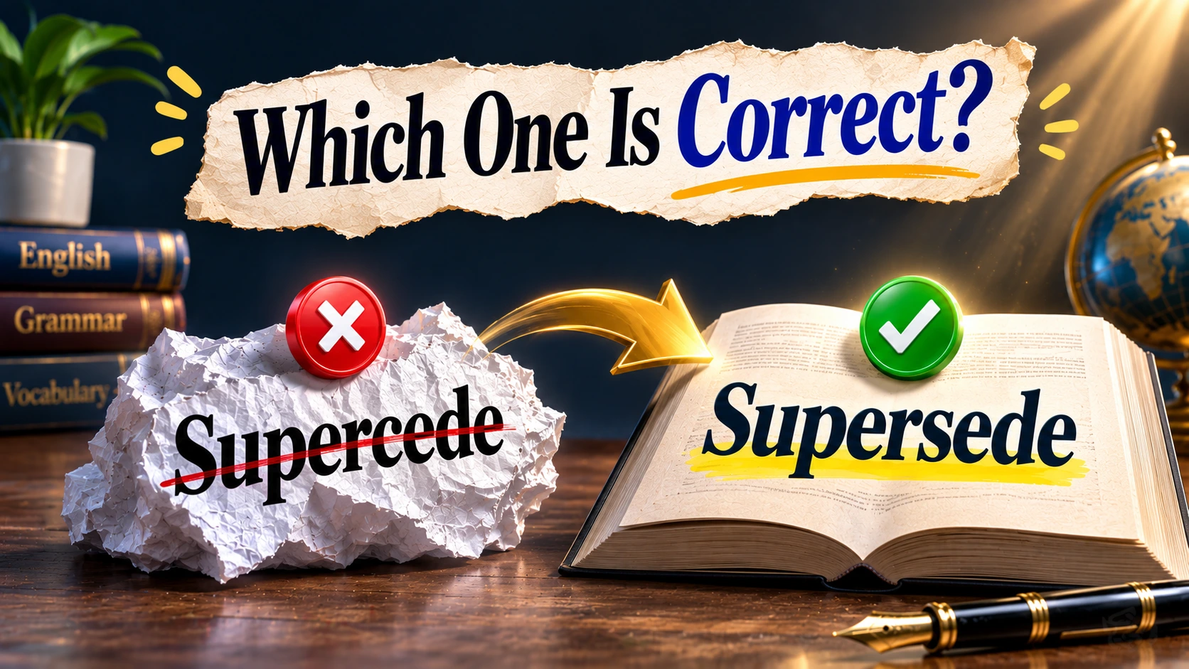 Supercede or Supersede comparison showing the correct spelling, common misspelling, and meaning in English