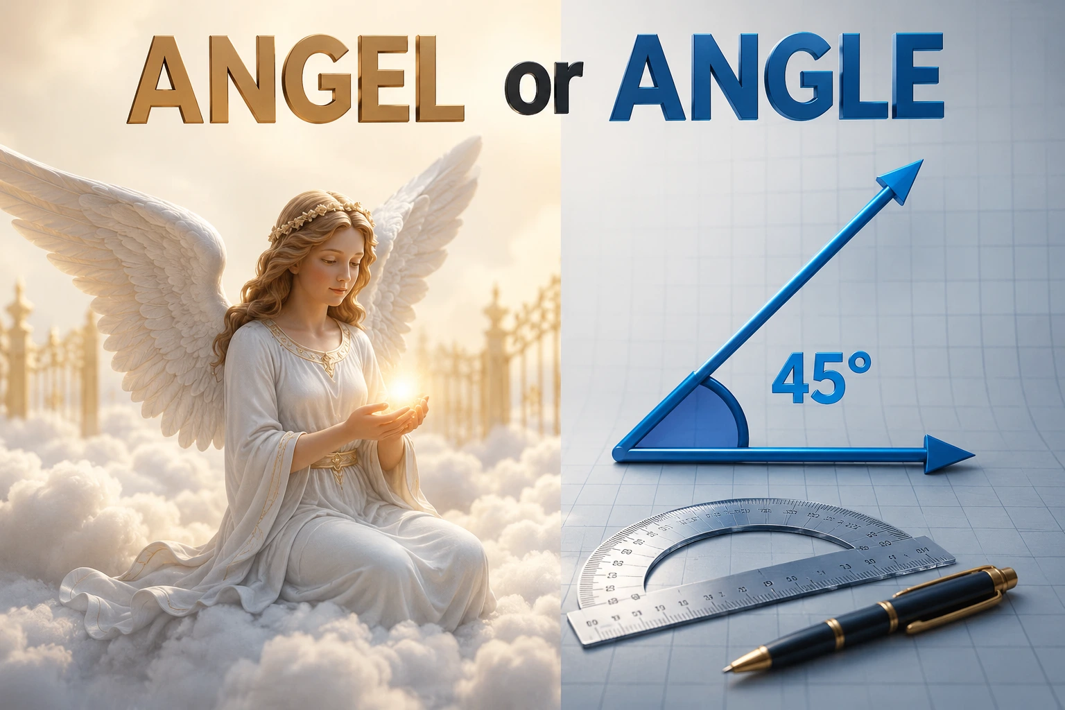 Angel or Angle comparison showing a heavenly angel and a geometric angle, highlighting their different meanings and uses.