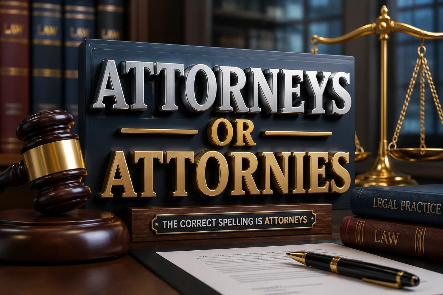 Attorneys or Attornies: correct spelling of “attorneys” explained with legal-themed visuals.