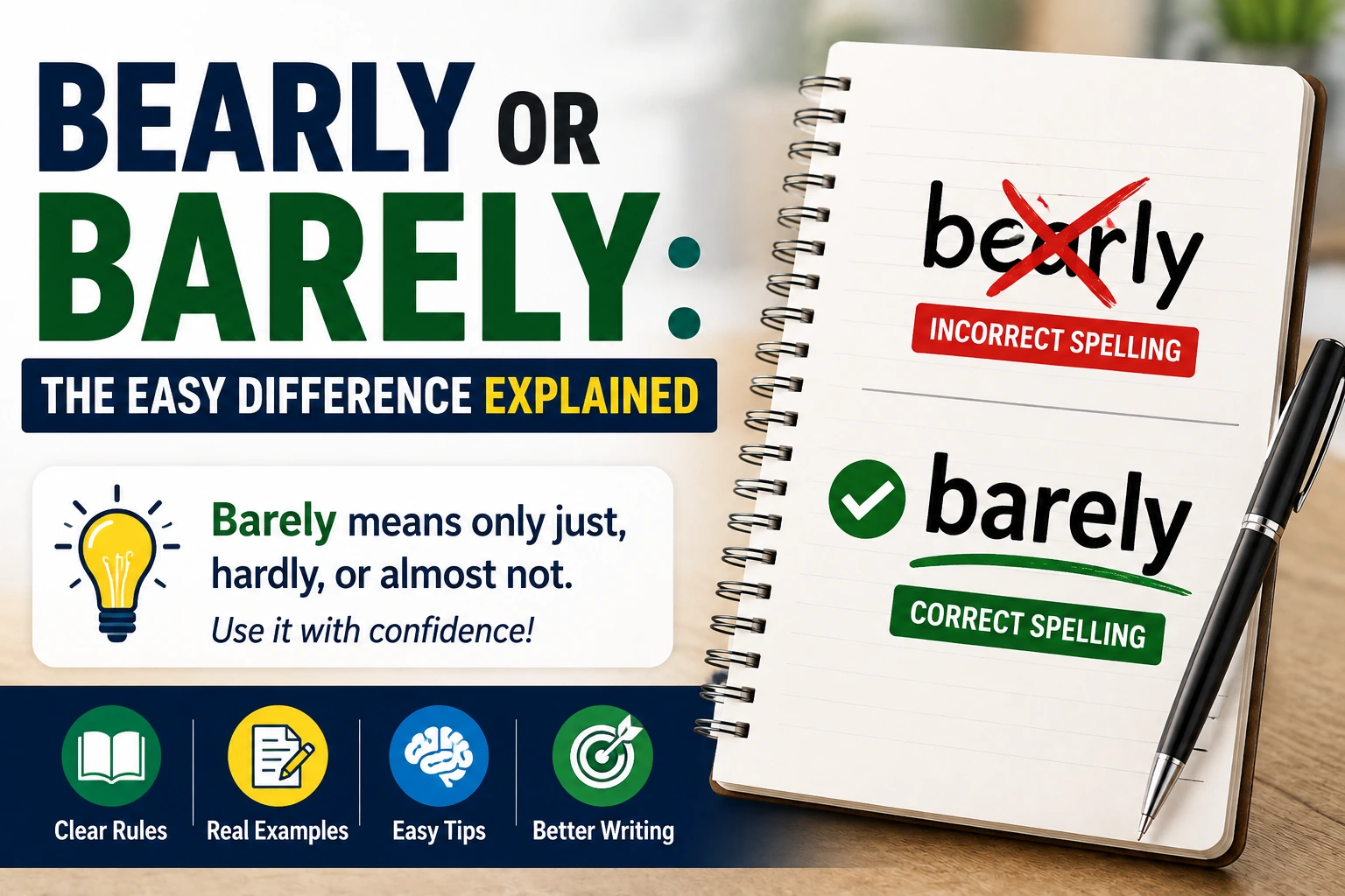 Bearly or Barely spelling comparison showing the incorrect and correct forms with meanings and usage tips.