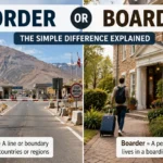 Realistic split-screen image comparing border and boarder, showing an international border checkpoint on one side and a boarding house with a traveler on the other.