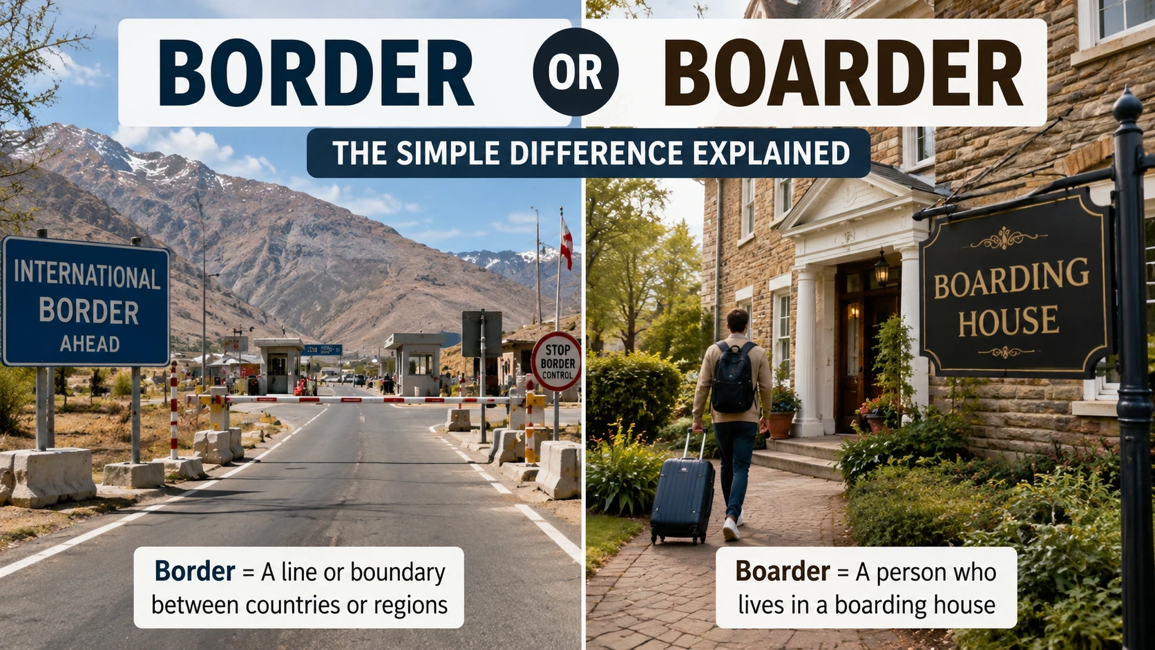 Realistic split-screen image comparing border and boarder, showing an international border checkpoint on one side and a boarding house with a traveler on the other.