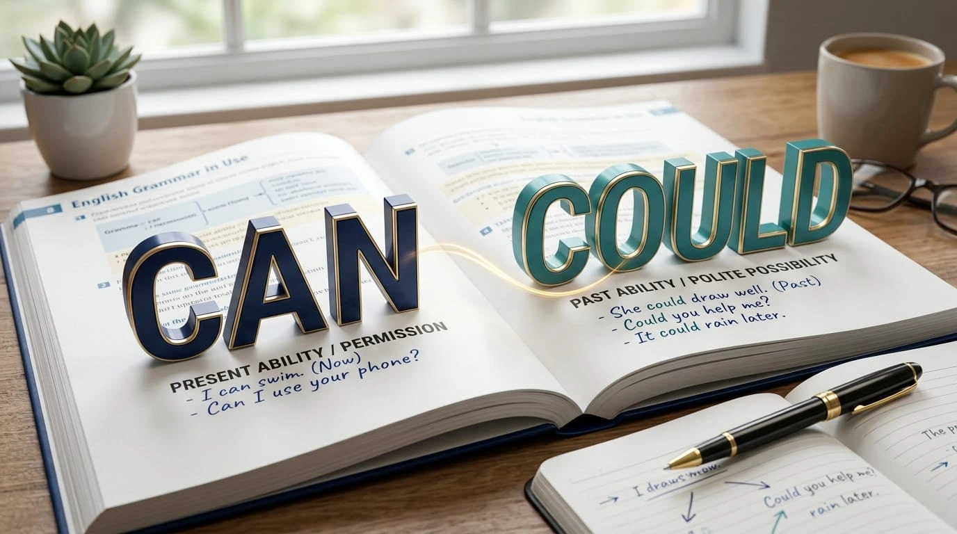 Can or could grammar comparison showing differences in ability, permission, requests, possibility, and polite usage.