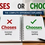 Realistic educational image comparing “Choses” and “Chooses,” with the incorrect spelling marked in red and the correct spelling highlighted in green on an open notebook.