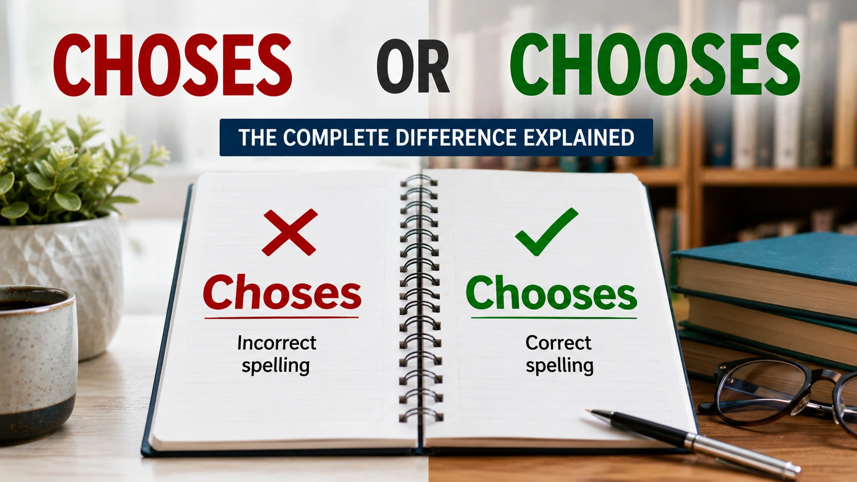 Realistic educational image comparing “Choses” and “Chooses,” with the incorrect spelling marked in red and the correct spelling highlighted in green on an open notebook.