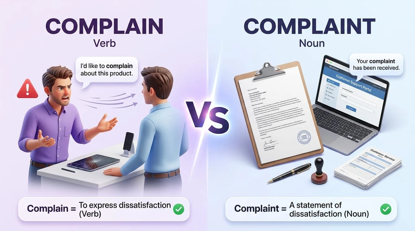 Complain or complaint explained with meanings, pronunciation, grammar differences, examples, and correct English usage in an easy comparison guide.