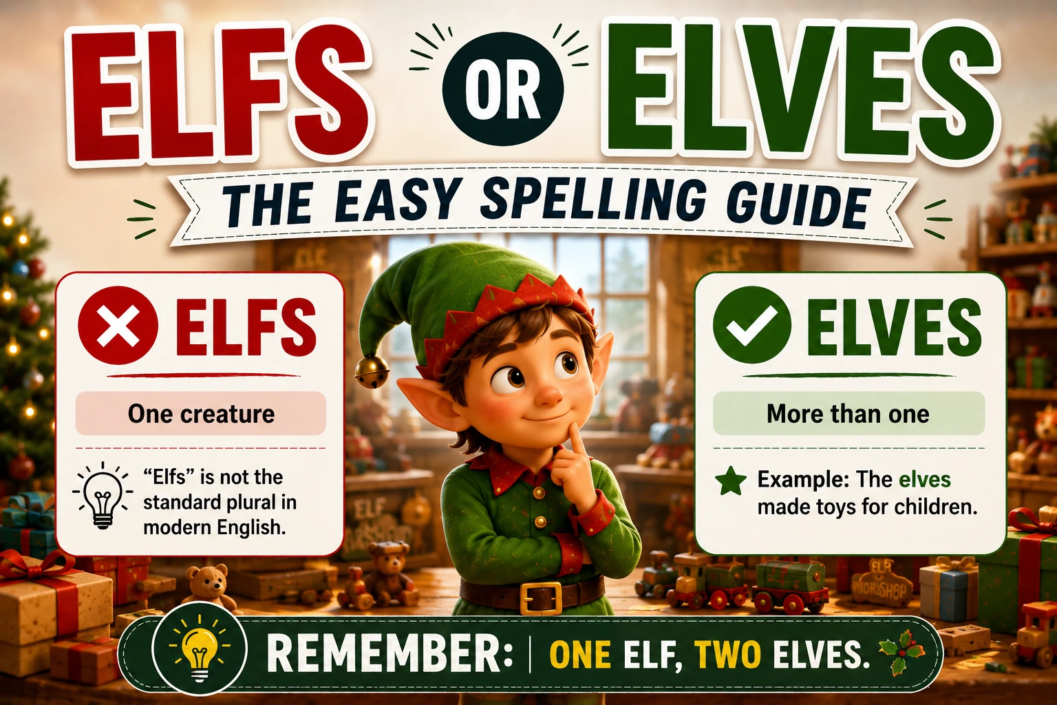 Elfs or Elves spelling guide showing the correct plural “elves” with a festive elf illustration.