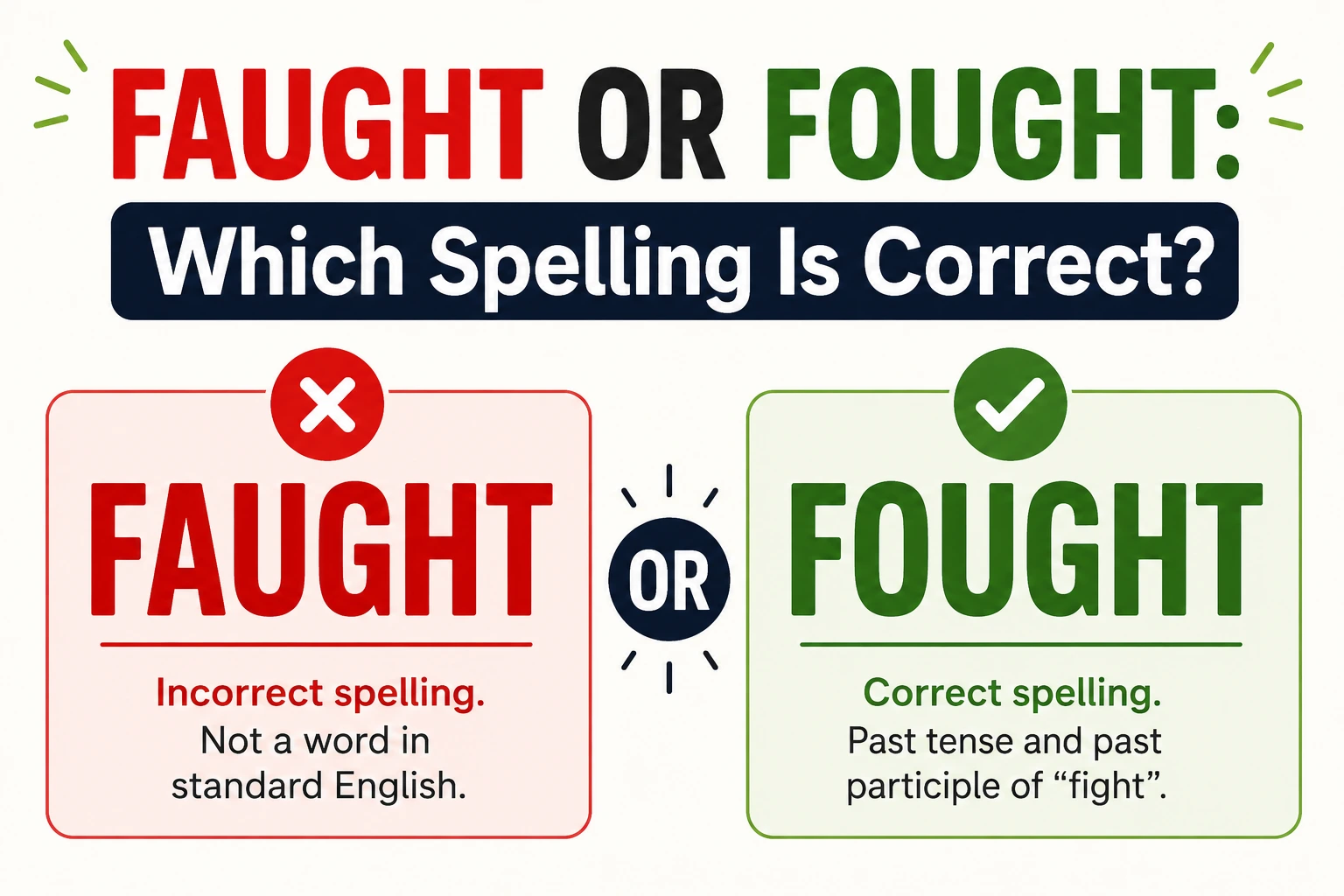 Faught or Fought spelling comparison showing Faught as incorrect and Fought as the correct past tense of fight.
