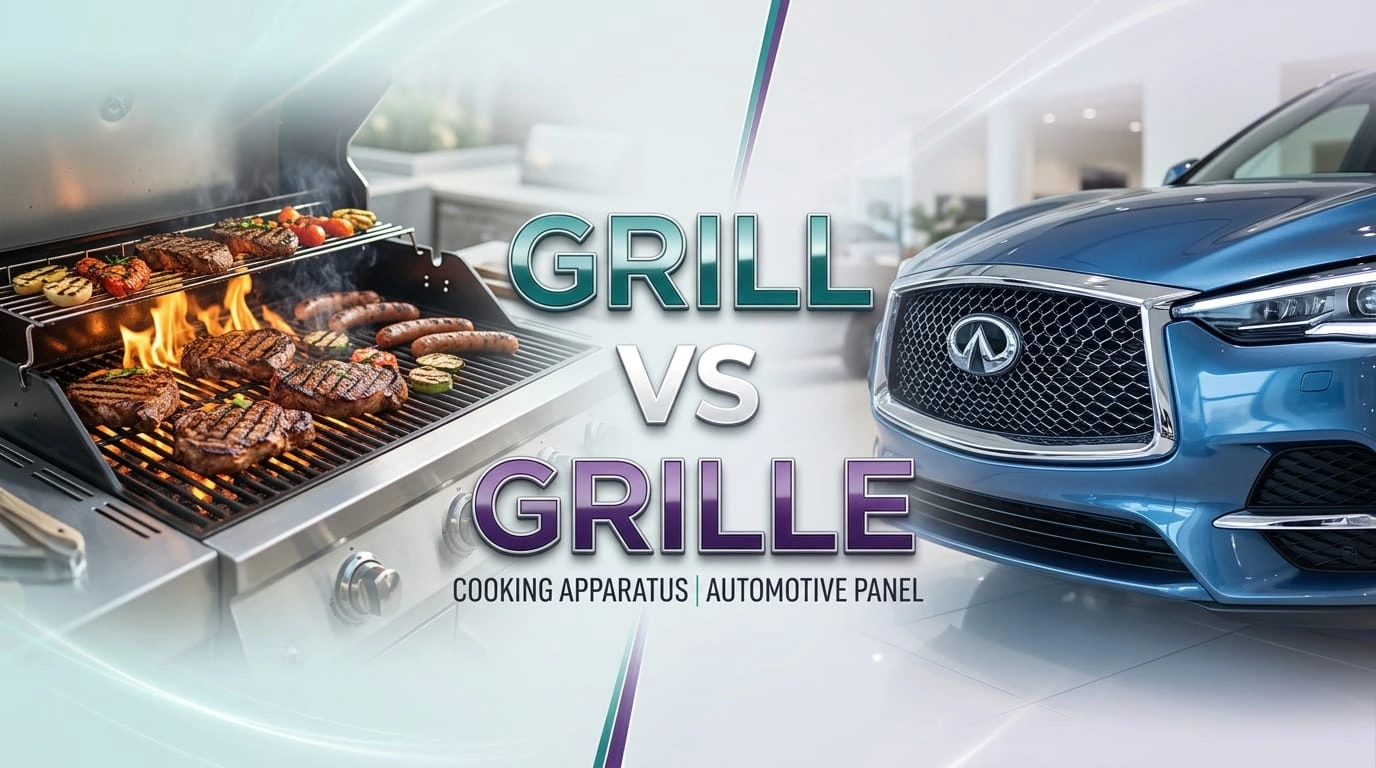 Grill or Grille: clear visual showing the difference between a cooking grill and a vehicle grille.