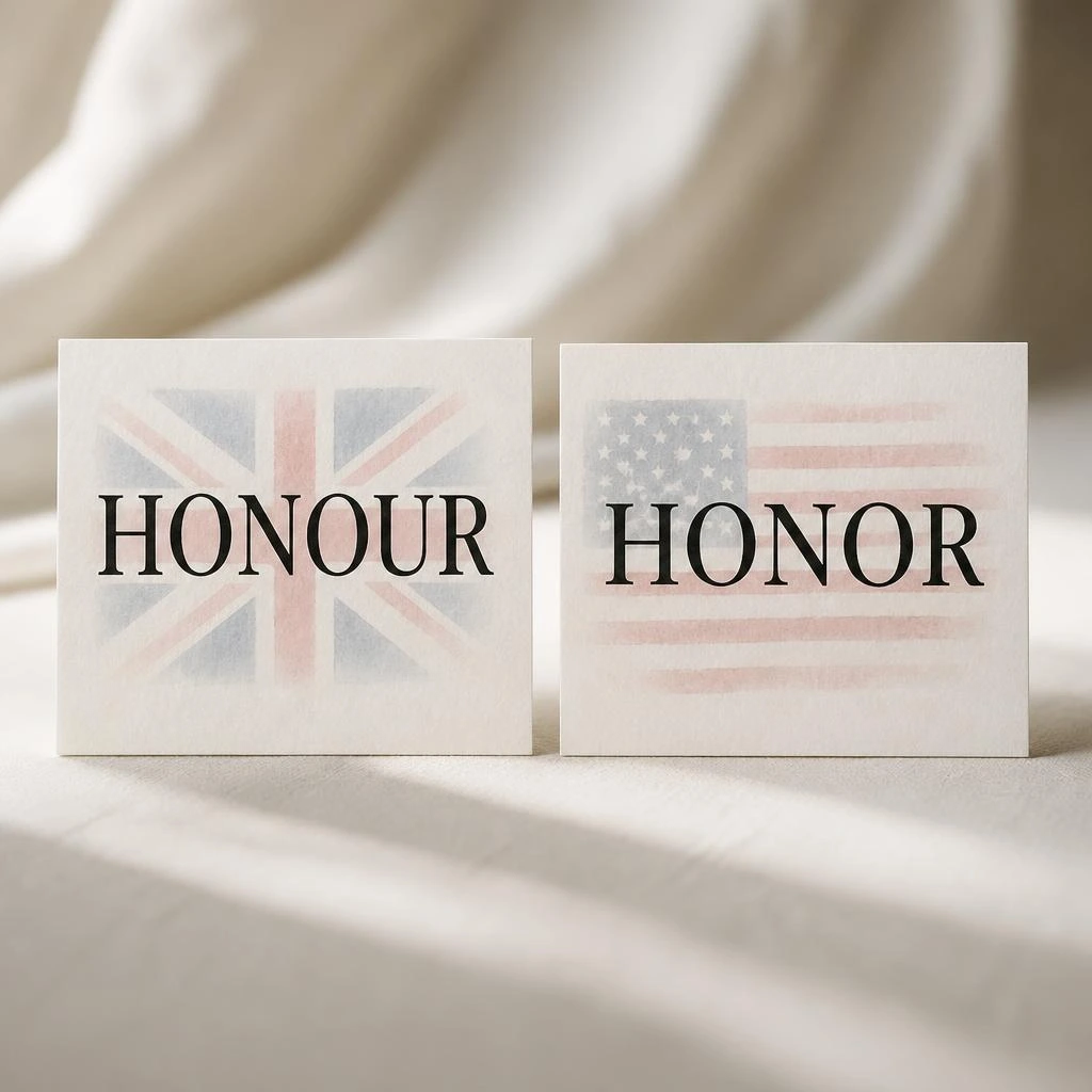Honour or Honor spelling comparison with British and American flags in the background.
