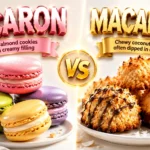 Macaron vs macaroon showing colorful French macarons and chewy coconut macaroons side by side.
