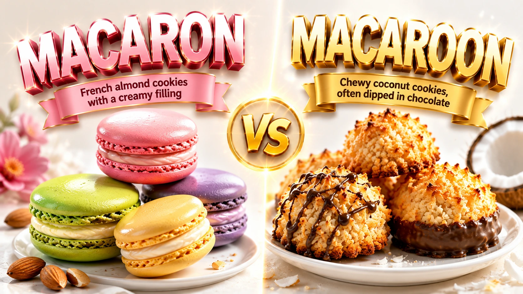 Macaron vs macaroon showing colorful French macarons and chewy coconut macaroons side by side.