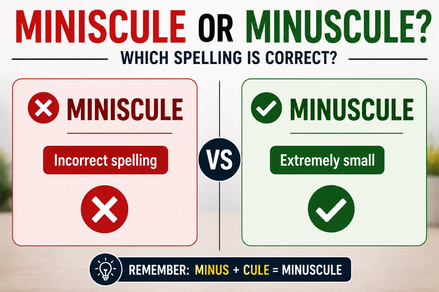 Miniscule or Minuscule spelling comparison showing the correct spelling and meaning of the word.