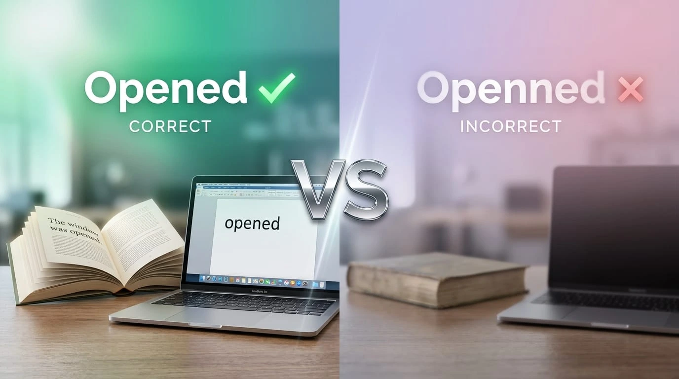 Openned or opened spelling comparison showing the correct past tense form, pronunciation, meaning, and examples in English.