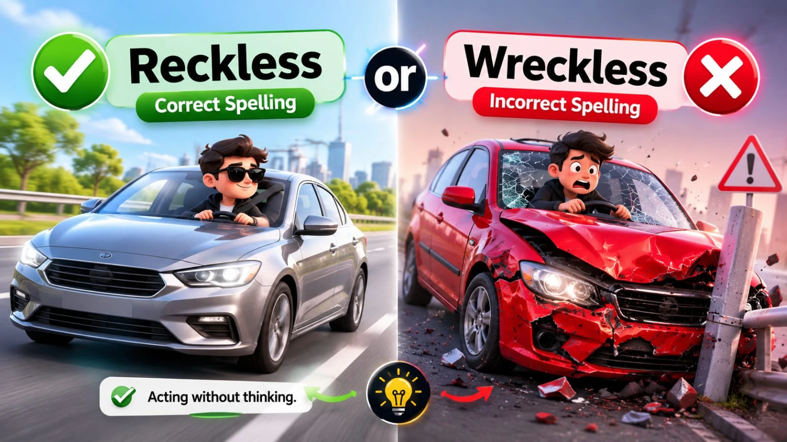Realistic 3D feature image comparing reckless and wreckless, highlighting the correct spelling with bold typography and a clean educational design.