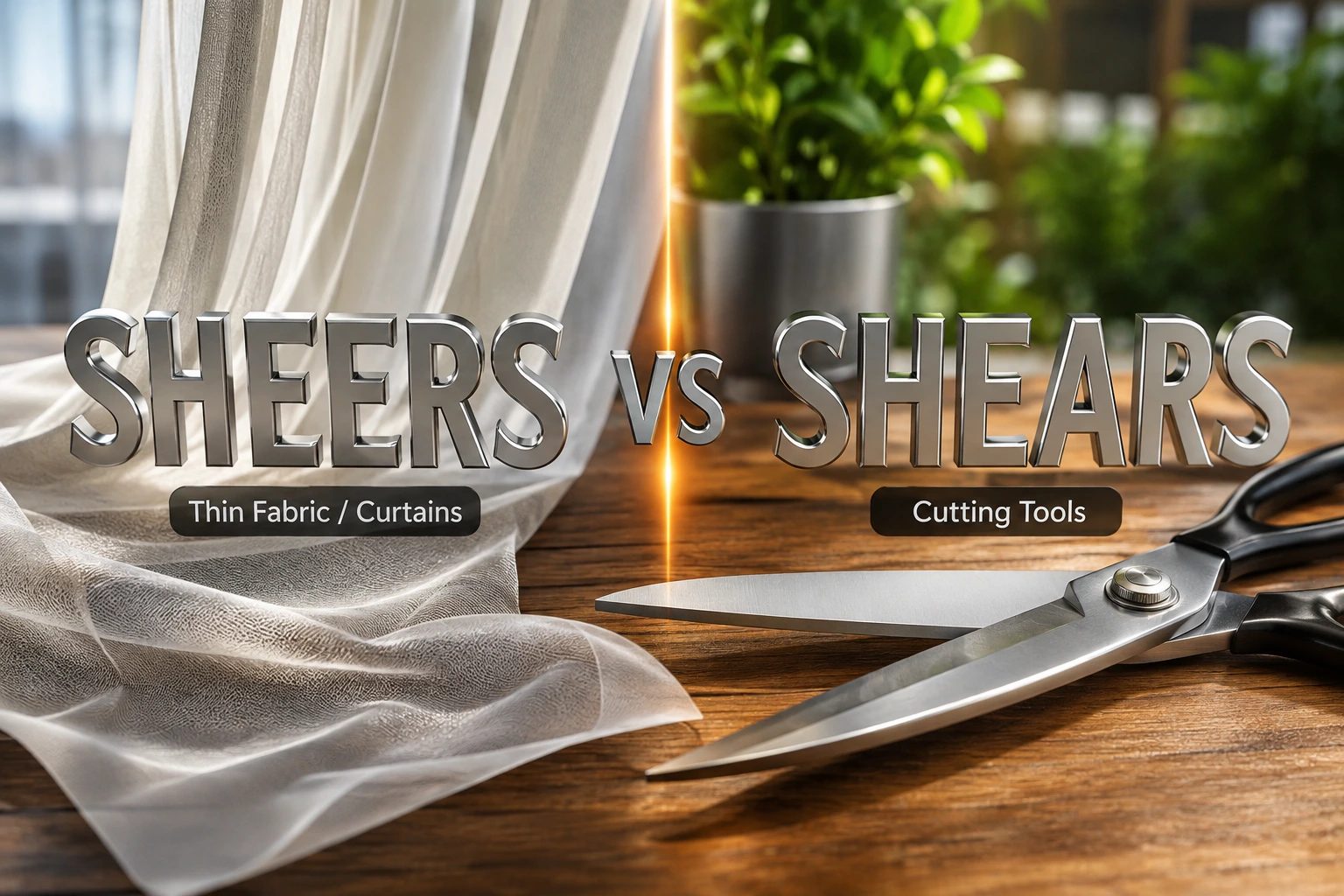 3D comparison of sheers and shears, showing sheer curtains on one side and shiny cutting shears on the other.