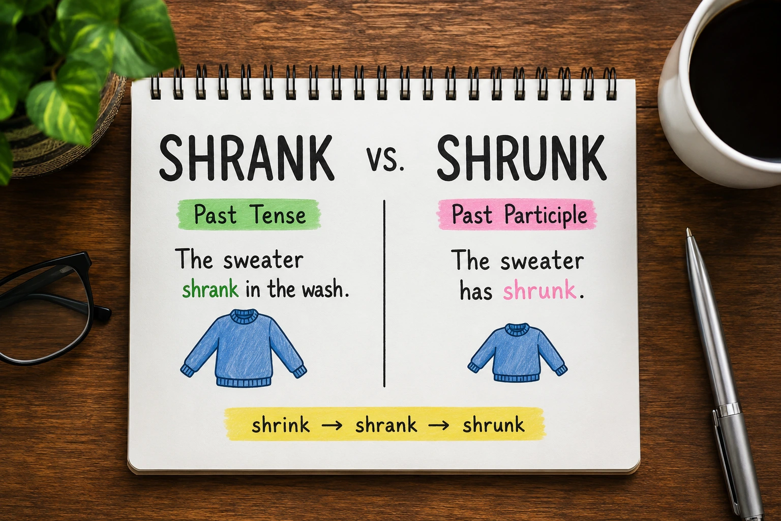 Shrank or Shrunk explained with examples showing the correct past tense and past participle forms of “shrink.”