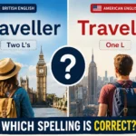 Traveller or Traveler spelling comparison showing British English with two Ls and American English with one L.