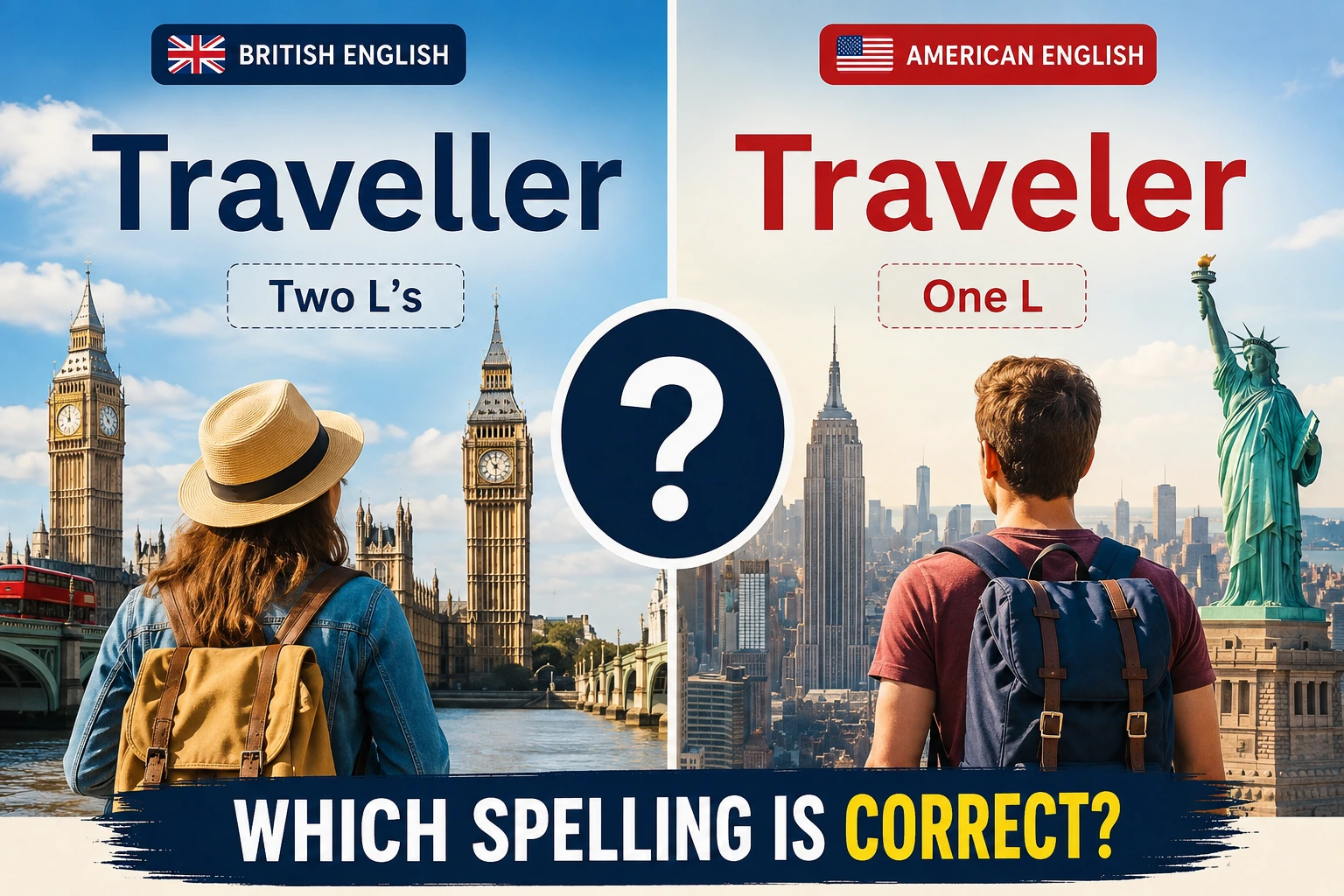 Traveller or Traveler spelling comparison showing British English with two Ls and American English with one L.