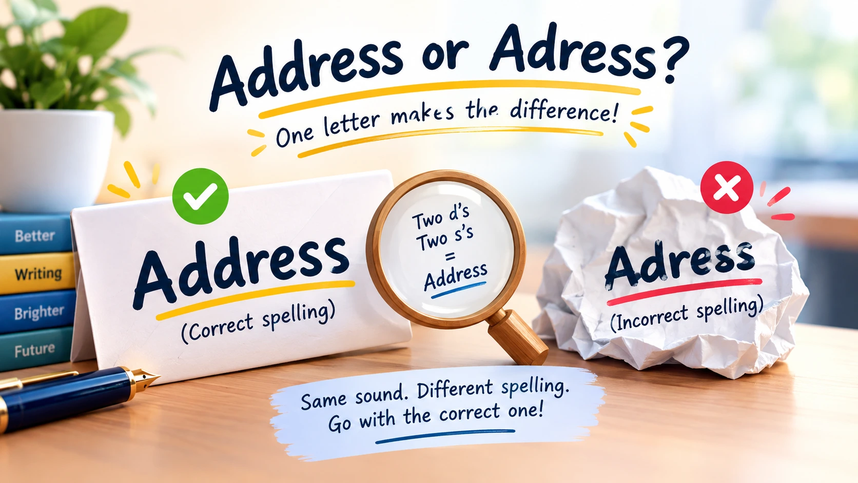 Address or Adress spelling comparison showing the correct spelling “Address” and the incorrect spelling “Adress” with a visual spelling tip.