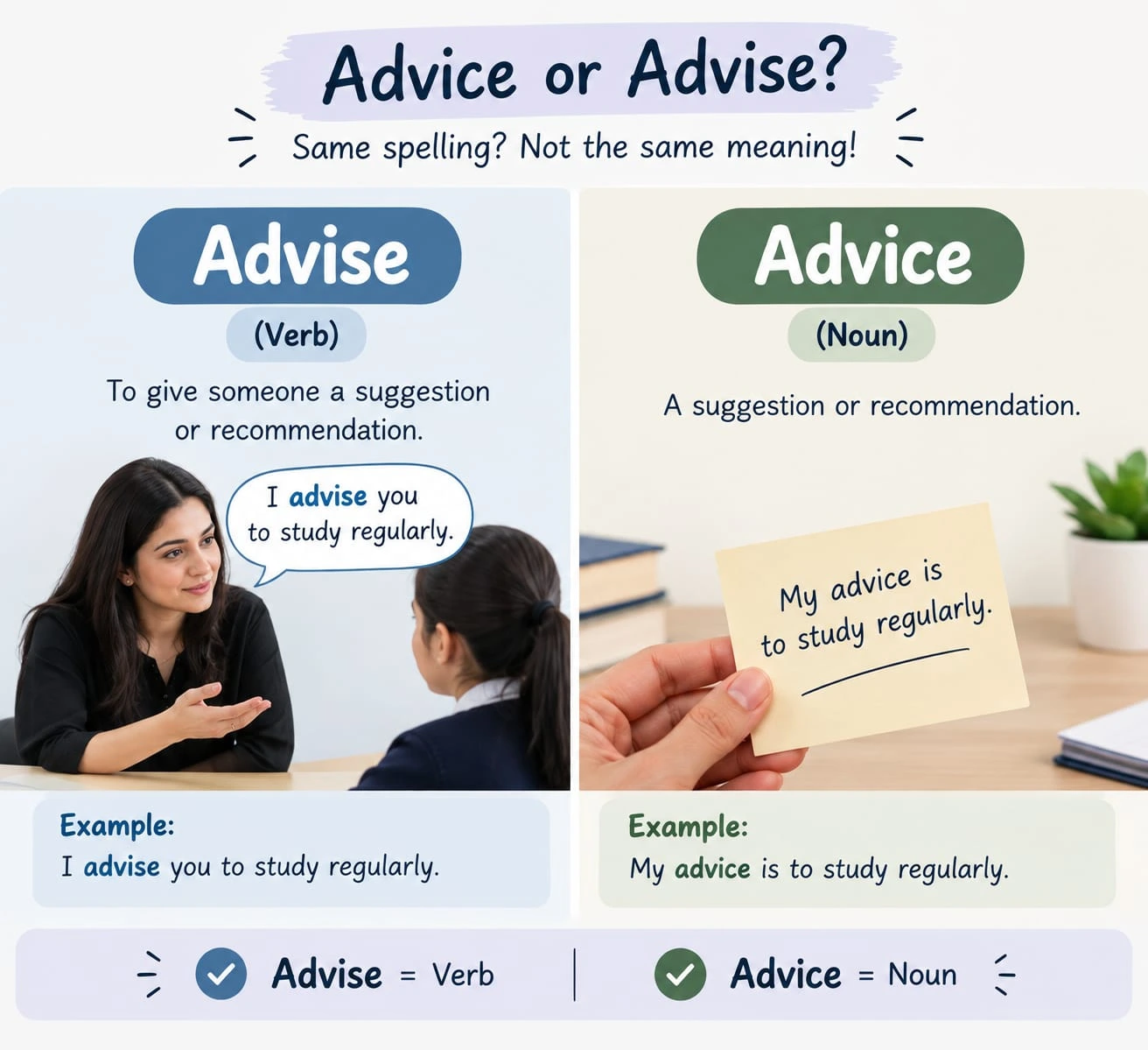 Advise or advice comparison showing the difference between the verb advise and noun advice