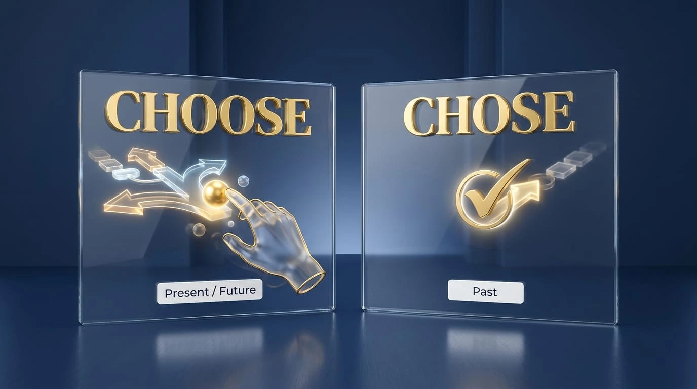 Choose vs Chose – English grammar comparison showing present and past tense usage.
