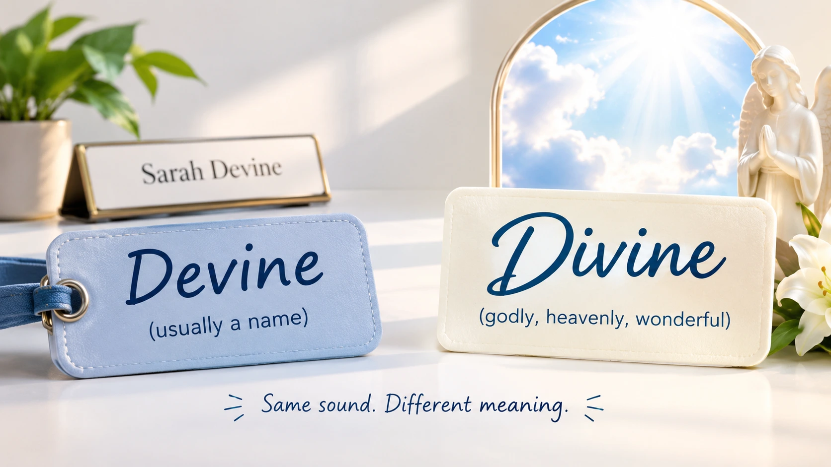 Devine or Divine spelling comparison showing Devine as a surname and Divine as a word meaning godly, heavenly, or wonderful.