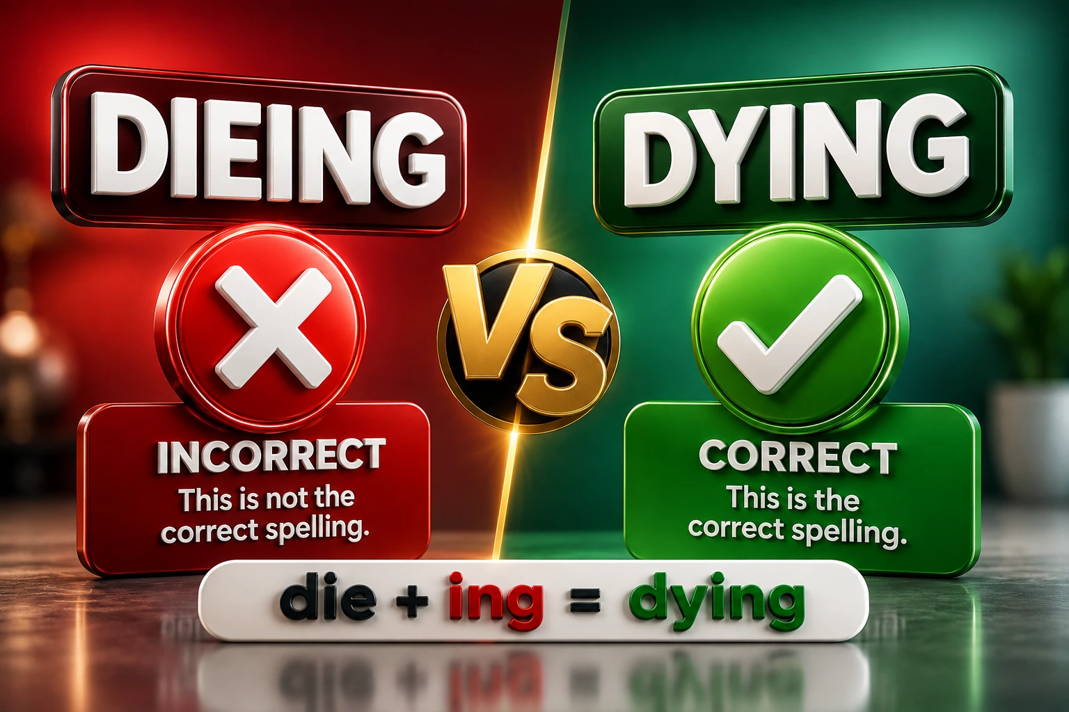 Dieing or Dying spelling comparison showing the correct spelling “dying” and the incorrect spelling “dieing.”