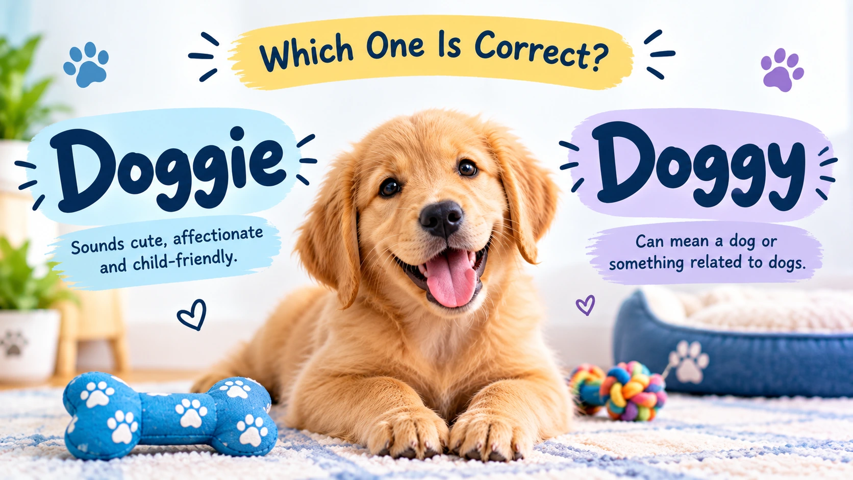 Doggie or doggy comparison showing the spelling, meaning, and usage differences between the two informal terms.
