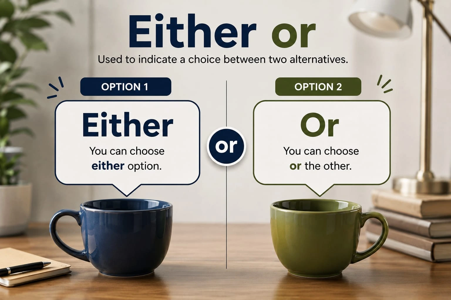 Either or grammar guide showing the correct use of “either...or” in English.