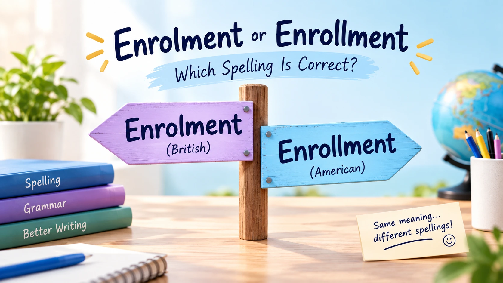 Enrolment or Enrollment comparison showing British and American English spellings with the same meaning.