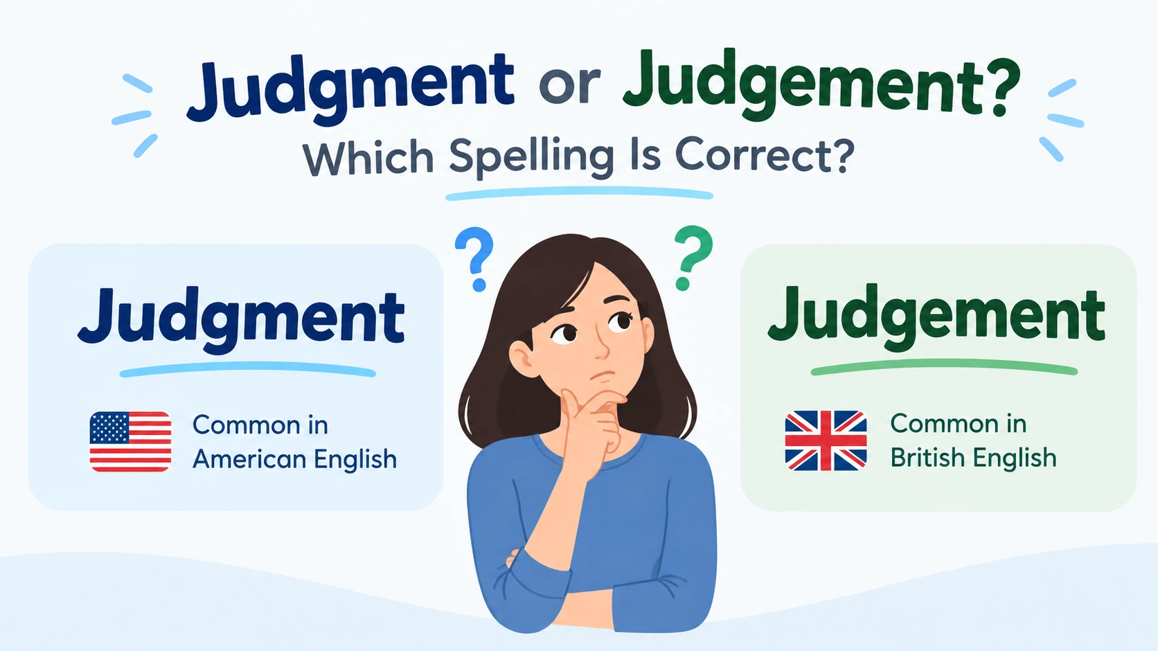 Judgment or Judgement spelling comparison showing American and British English usage.