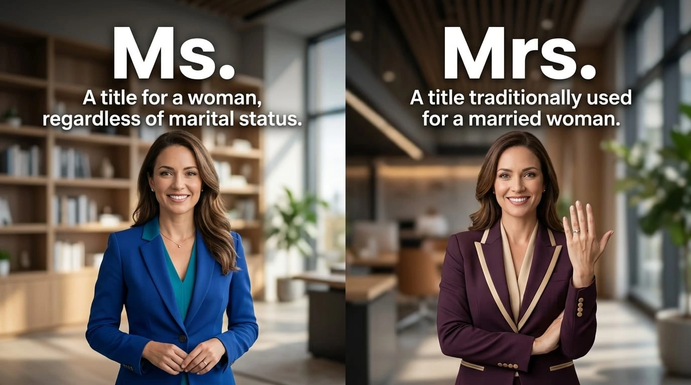 Ms or Mrs: a simple comparison showing the correct use of Ms and Mrs for women.