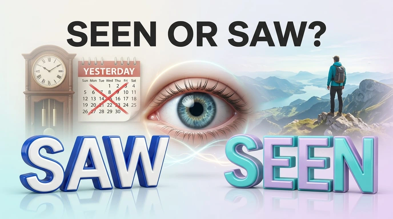 Seen or Saw spelling comparison showing the correct past and past participle forms of the verb “see”
