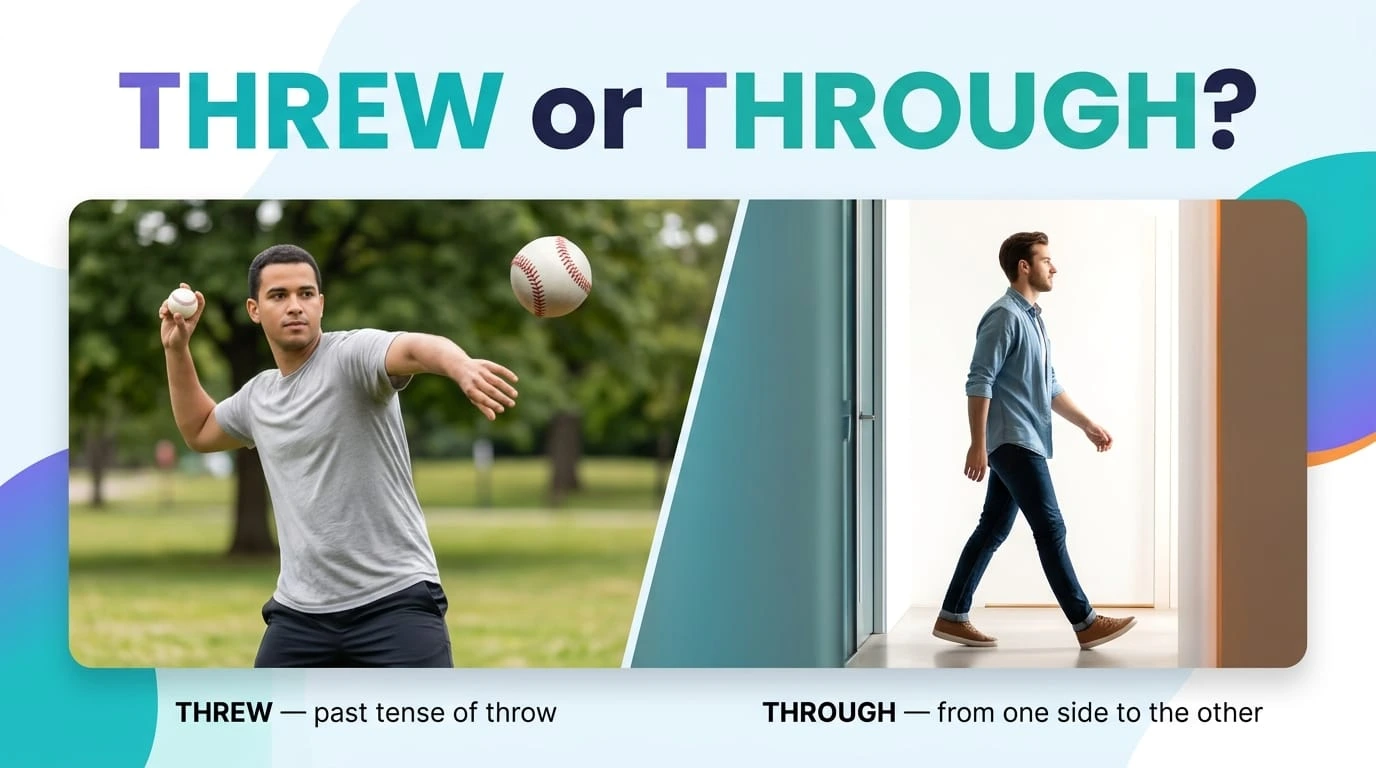Threw vs through showing the difference between throwing an object and moving from one place to another.