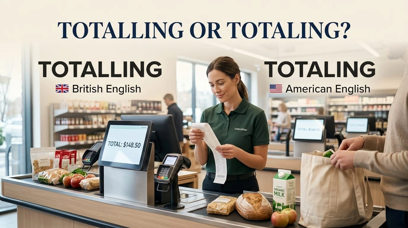 Totalling or totaling spelling comparison showing British and American English usage with examples.