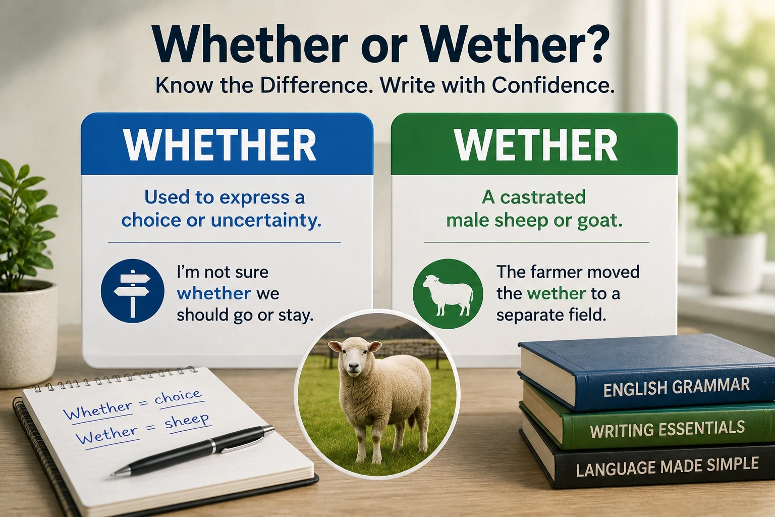 Whether or Wether spelling comparison showing the correct usage, meanings, and examples in English.