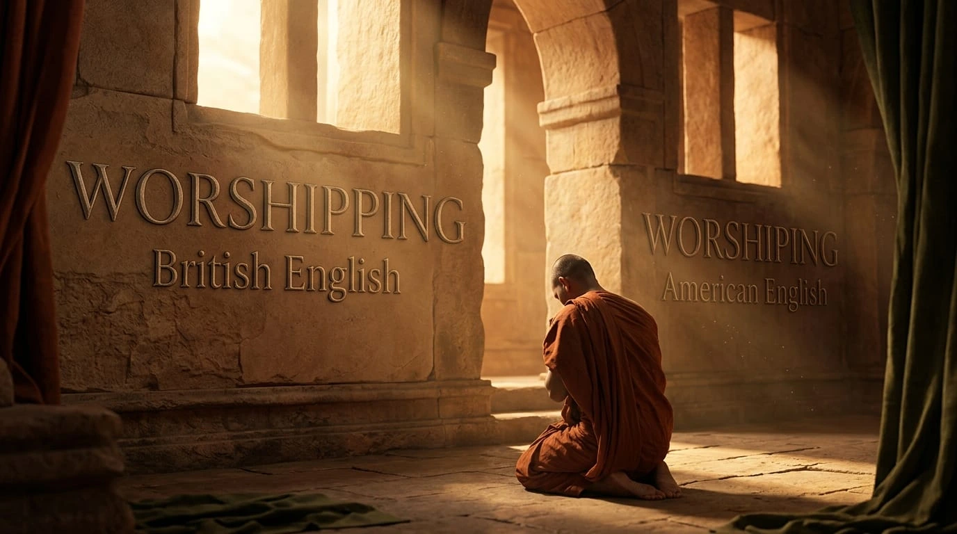 Worshipping or worshiping spelling comparison showing British and American English usage.