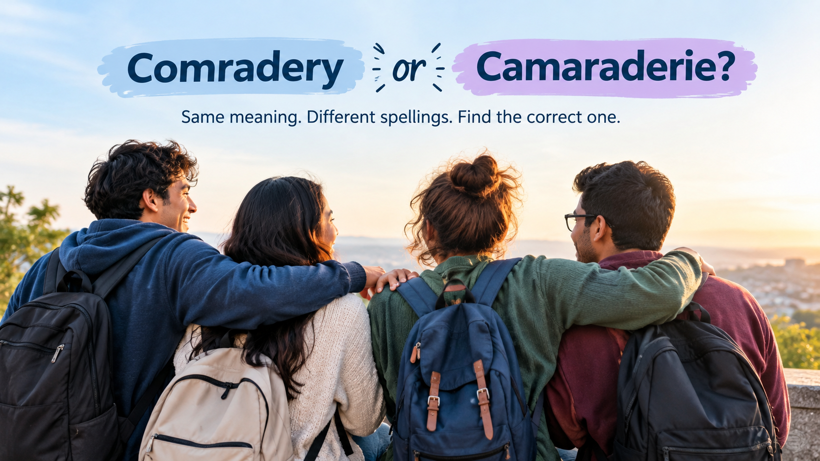 Comradery or Camaraderie spelling comparison featuring friends standing together, highlighting the correct spelling and meaning of camaraderie.